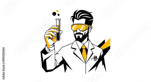 Scientist in lab coat with test tube and protective eyewear on white background