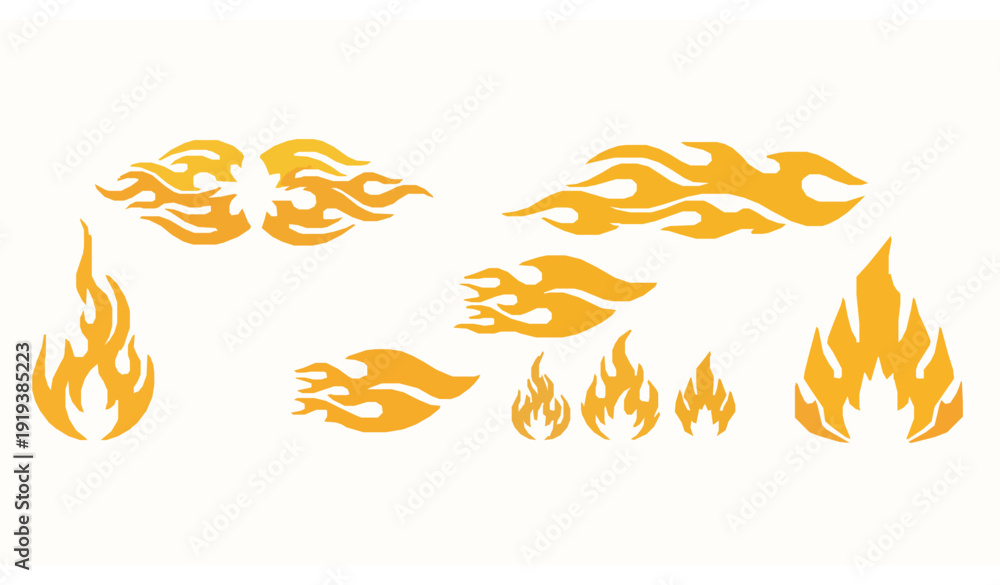 Fototapeta premium Stylized speed flame icons yellow dynamic fire shapes vector collection