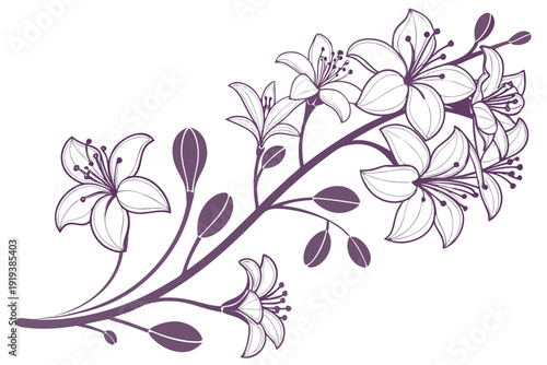 A sophisticated line art illustration gracefully portrays a flowering branch adorned with several elegant blossoms and delicate buds, all rendered in a soft purple outline.