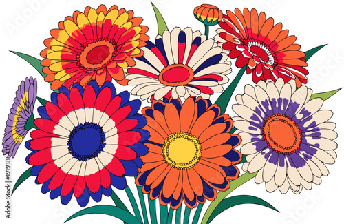 A strikingly vibrant illustration showcases a rich bouquet of gerbera daisies displaying a bold, diverse, and patriotic color palette.
