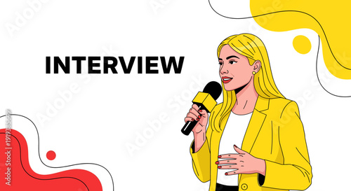 Woman being interviewed with a microphone in a bright yellow jacket.