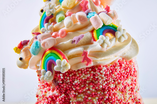 Zuckerdeko Regenbogen Einhörner und Marshmallos auf Sahnetupfer im Glas