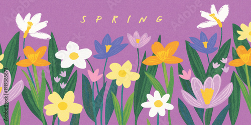 Spring cutest card or poster for the spring holiday with wildflowers, Narcissus flower, Crocus flowers. Hand drawn crayon Floral art template for Women Day March 8, Easter, birthday and Mothers Day