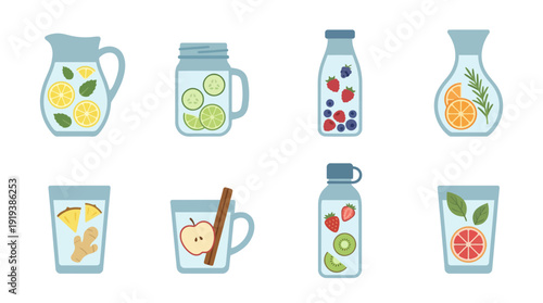 infused water , flat color vector set collection , white background , PNG and SVG