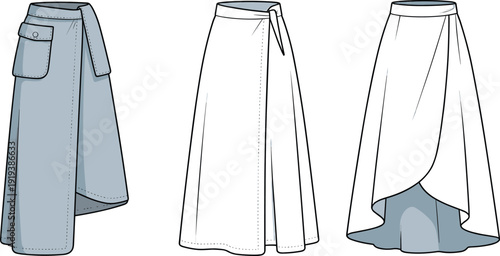 Wrap skirt technical flat sketch, fashion CAD vector illustration, women’s skirt design template, garment mockup drawing, clothing outline style
