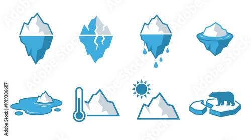 melting iceberg , flat color vector set collection , white background , PNG and SVG