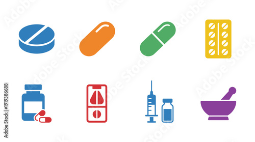 medicine pill , flat color vector set collection , white background , PNG and SVG