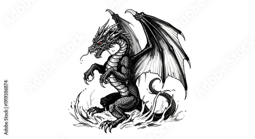 Majestic Black Dragon Illustration with Powerful Wings, Fierce Mythical Fantasy Creature Digital Art