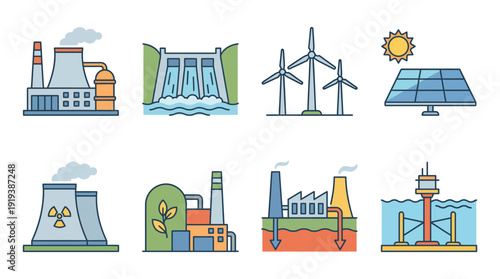 power plant , flat color vector set collection , white background , PNG and SVG