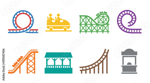 roller coaster , flat color vector set collection , white background , PNG and SVG