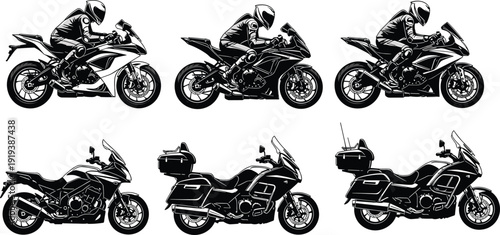 Sport and touring motorcycle silhouettes vector set with racing rider and detailed bikes isolated on gray background transportation design collection