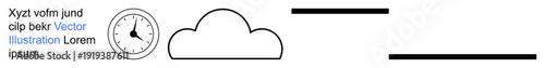 Digital design, scheduling concepts, cloud storage, data sync, minimalism, communication layout. Clock and cloud combined with text and lines. Scheduling and cloud storage visualization