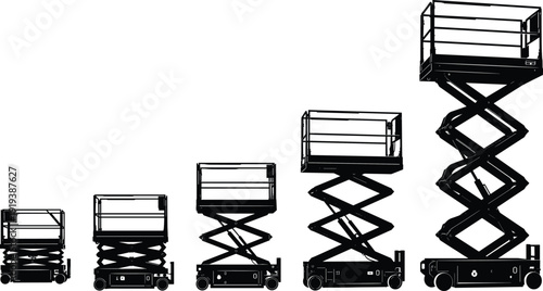 Scissor Lift Platform Silhouette Collection Hydraulic Aerial Work Equipment Black Vector Illustration Isolated on White Background for Construction Industry