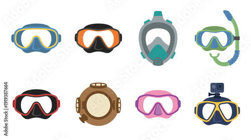 scuba diving mask , flat color vector set collection , white background , PNG and SVG