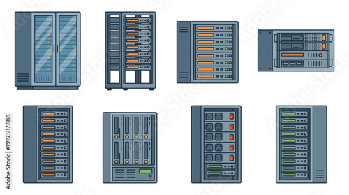 server rack , flat color vector set collection , white background , PNG and SVG