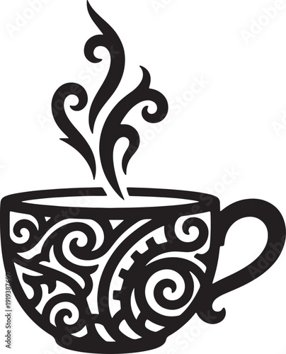 Elegant ornamental design of a steaming hot beverage cup silhouette