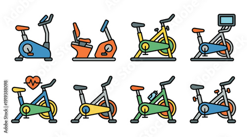 stationary bike , flat color vector set collection , white background , PNG and SVG