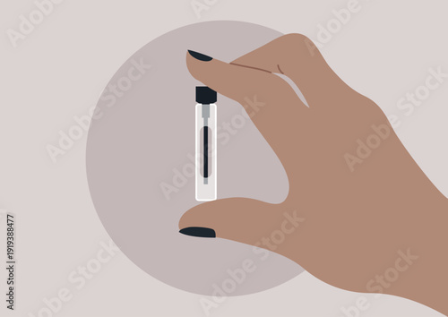 A graceful hand elegantly holds a small, clear vial contaiining a perfume sample, reflecting light and shadows against a muted background, This artwork emphasizes simplicity and beauty.
