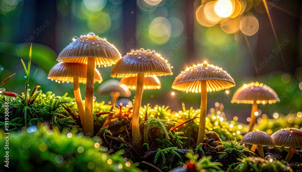 Fototapeta premium Close up of glowing mushrooms in forest undergrowth.
