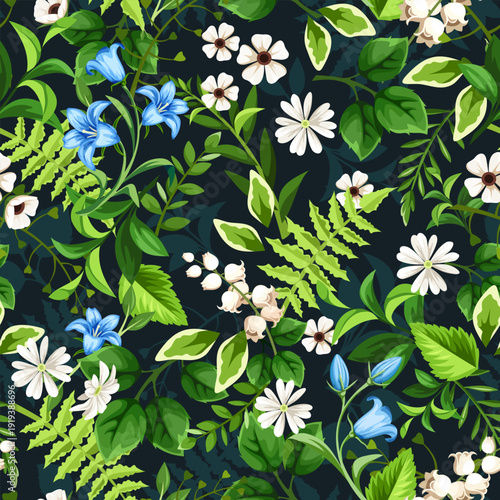 Seamless floral pattern with small blue and white flowers and green leaves. Vector seamless floral print