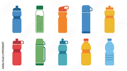 water bottle , flat color vector set collection , white background , PNG and SVG