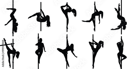 Pole dance silhouettes set female dancer fitness poses vector illustration exotic performance sport strength flexibility artistic movement isolated black design collection