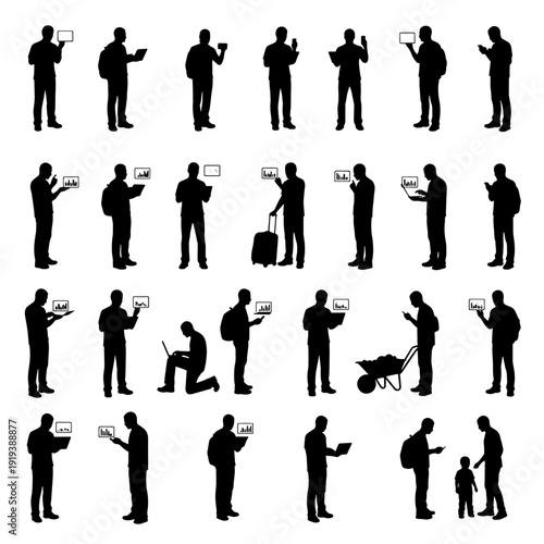 Set of 32 communication silhouettes featuring people using smartphones, tablets and laptops in everyday and business situations. Includes standing professionals with digital devices, travelers 