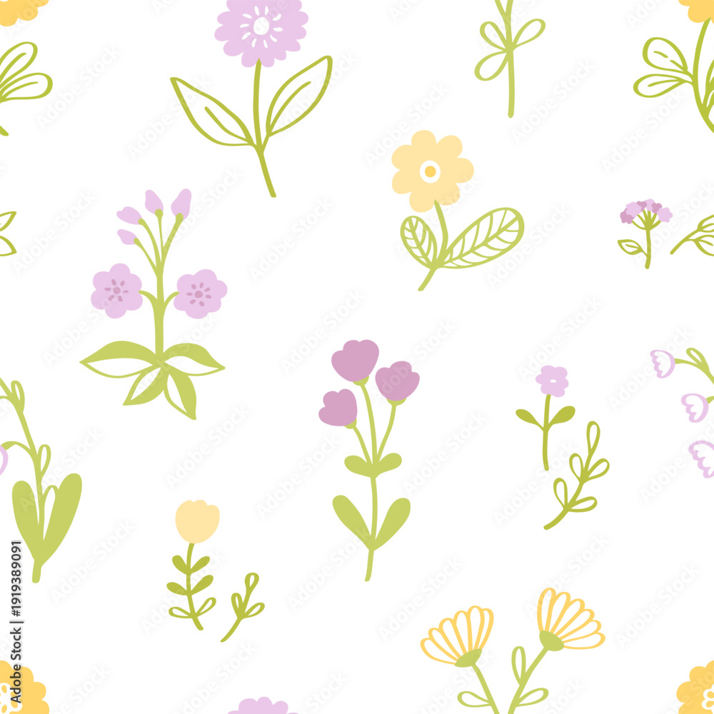 Fototapeta premium Boho spring flower seamless pattern. Hand drawn summer floral backdrop. Perfect for textile, fabric or nursery wallpapers. Vector illustration, white background.