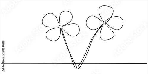 Minimalist continuous line drawing of two four-leaf clovers symbolizing luck and prosperity. Vector, illustration