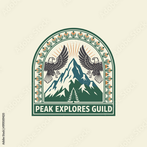 Peak Explores Guild Emblem: A classic emblem showcasing mountain peak and eagle, symbolizing the spirit of exploration and adventure, ready for outdoor endeavors.