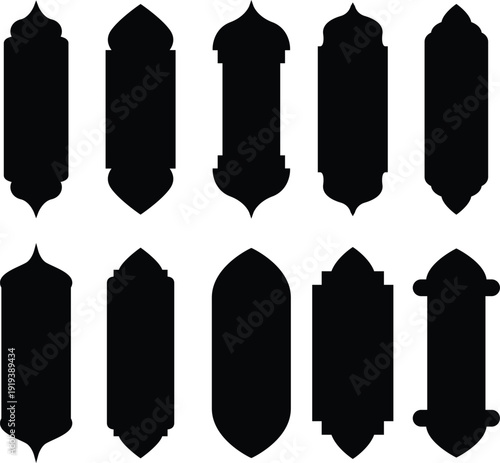 Islamic frames, oriental style objects. Arabic shapes, windows and arches. Traditional ornamental banner, frame. Muslim holidays, Ramadan Kareem. Modern eastern architecture. Vector illustration