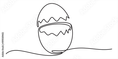Minimalist continuous one line drawing of a cracked eggshell with a jagged edge on white background. Vector, illustration
