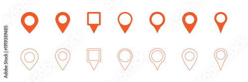 Set of location pin and map pointer icons. Navigation map icons. GPS location pin, route path, direction arrow, compass, marker, GPS, and destination tracking. Minimalist vector web UI elements. 
