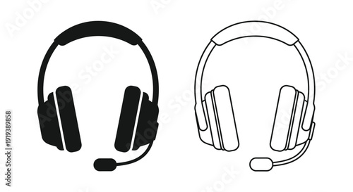 Two headphone outlines one solid black one white line drawing