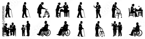 Elderly People and Senior Care Icon Set Vector, Nursing Home and Disability Assistance Illustration, Disabled Seniors with Wheelchair and Walker Silhouette