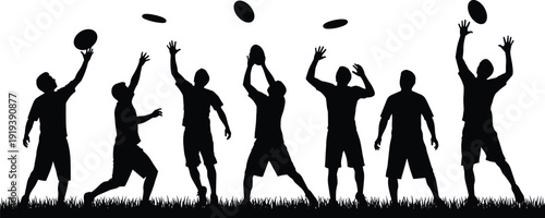 Rugby players silhouettes catching and throwing ball on grass field black vector illustration isolated on white background
