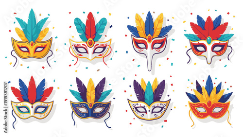 Flat lay of vibrant colorful Mardi Gras masks with feathers and ribbons on a white background with confetti.