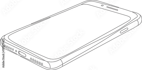 Minimalist line art illustration of a contemporary mobile phone device, showcasing its sleek form and key features from an elevated perspective, ideal for digital technology concepts