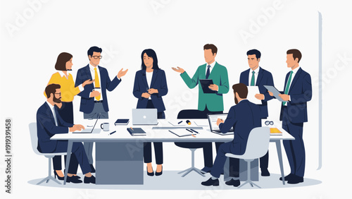 Illustration of business professionals in a meeting around a table with laptops and papers in a modern office setting with a professional mood.