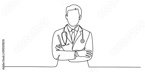 Illustration of one line drawing of a doctor with arms crossed and stethoscope