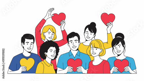 Illustration of a diverse group of people holding hearts in various colors against a plain white background with a cheerful and supportive mood.
