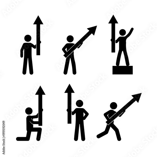 Stylized stick figures holding upward arrows, illustrating concepts of business growth, progress, and success; depicting determination, achievement, and forward momentum for development