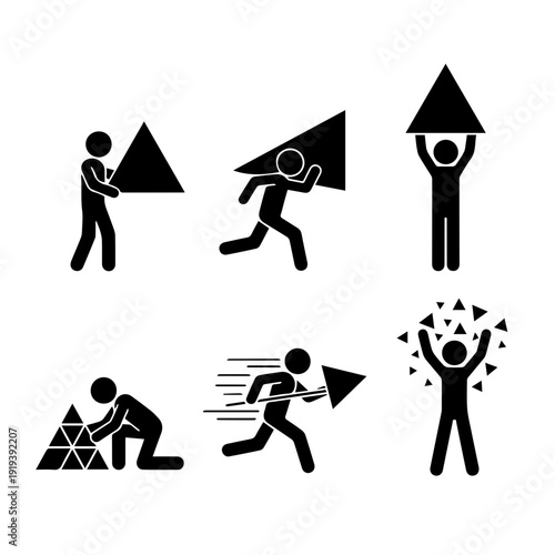 Vector Icons Stick Figures Manipulating Geometric Triangles, Representing Concepts of Construction, Progress, Movement, and Achievement in Dynamic Action Poses