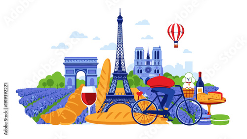 Illustration of a bicycle with wine and food items in front of the Eiffel Tower and Arc de Triomphe in Paris with a hot air balloon flying overhead in a colorful flat lay composition.