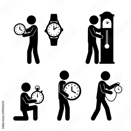 Iconic illustrations depicting individuals interacting with various time-keeping devices, symbolizing concepts of personal time management, measurement, and efficient scheduling