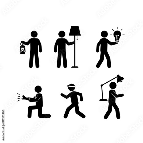 A collection of stick figure pictograms illustrating diverse human actions with everyday objects, symbolizing concepts of illumination, communication, and innovation in a modern graphic style