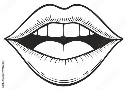 Open Mouth Lips with Teeth Drawing Line Art Style Graphic