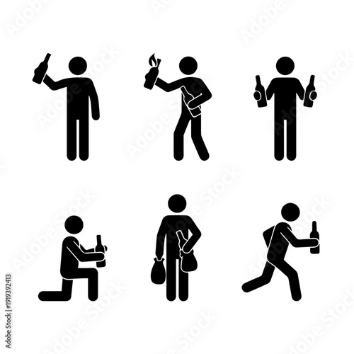 Set of vector pictograms featuring stick figures with bottles, one alight, symbolizing social protest, rebellion, and dangerous or defiant public demonstrations
