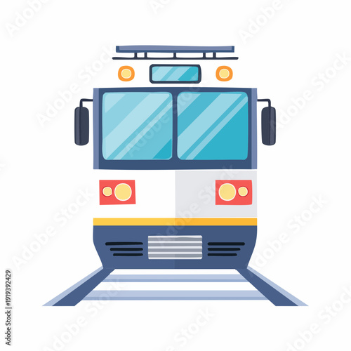 Front view of a modern passenger train locomotive on tracks, symbolizing efficient urban and intercity travel and public transportation