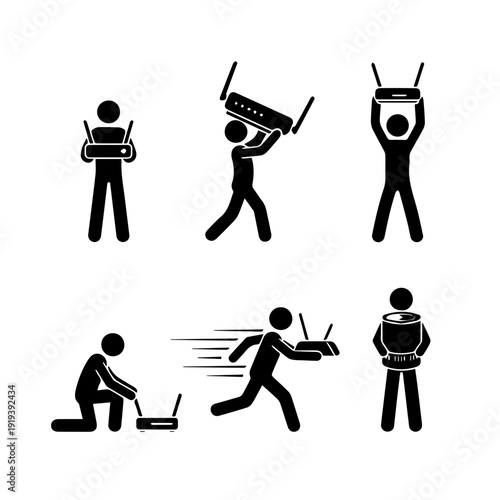Diverse vector pictograms illustrating individuals performing various router management and network setup tasks, from installation to mobile connectivity solutions